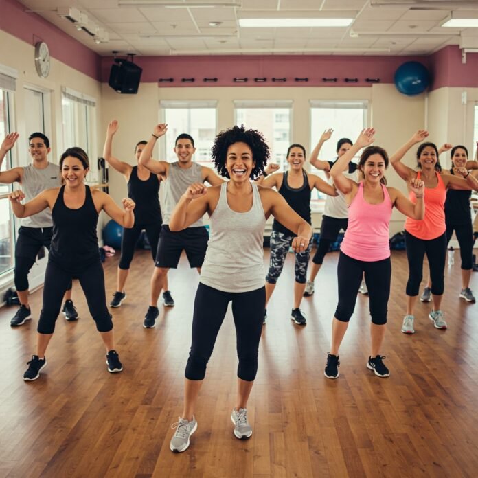 Energetic group fitness class in studio Energetic group fitness class in studio