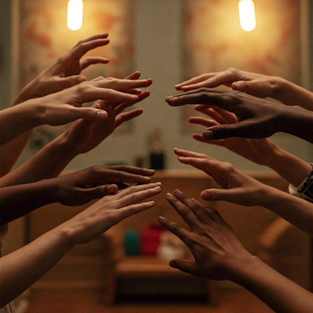 Diverse hands reaching out in support