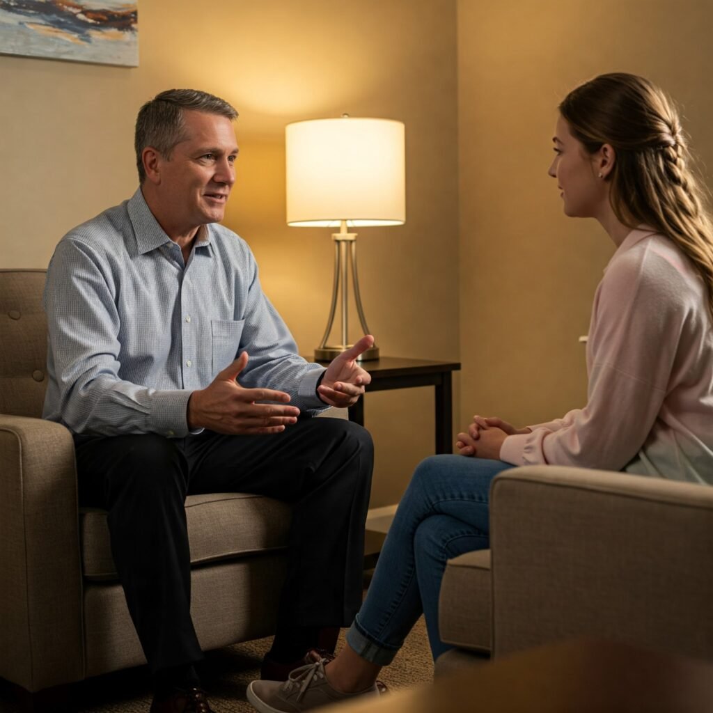 Therapist and client in a supportive therapy session