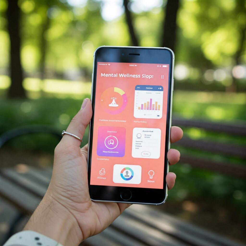 Hand holding a smartphone displaying various mental wellness app interfaces