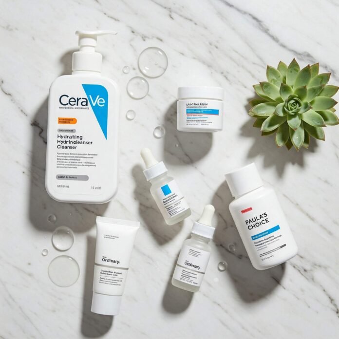 Aesthetic skincare product display for promoting healthy and effective skincare Aesthetic skincare product display for promoting healthy and effective skincare