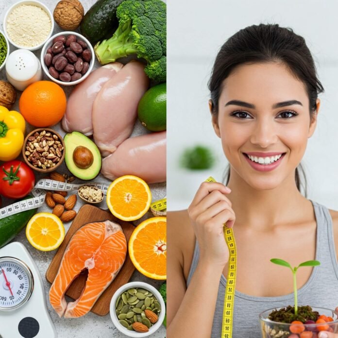 Balanced diet for weight loss, showcasing healthy foods and a positive approach Balanced diet for weight loss, showcasing healthy foods and a positive approach