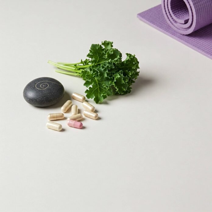 Serene arrangement of supplements, leafy greens, meditation stone, and yoga mat Serene arrangement of supplements, leafy greens, meditation stone, and yoga mat