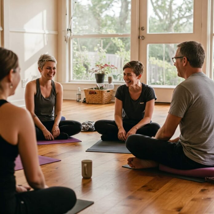 Diverse group connecting in a peaceful, wellness-oriented setting Diverse group connecting in a peaceful, wellness-oriented setting