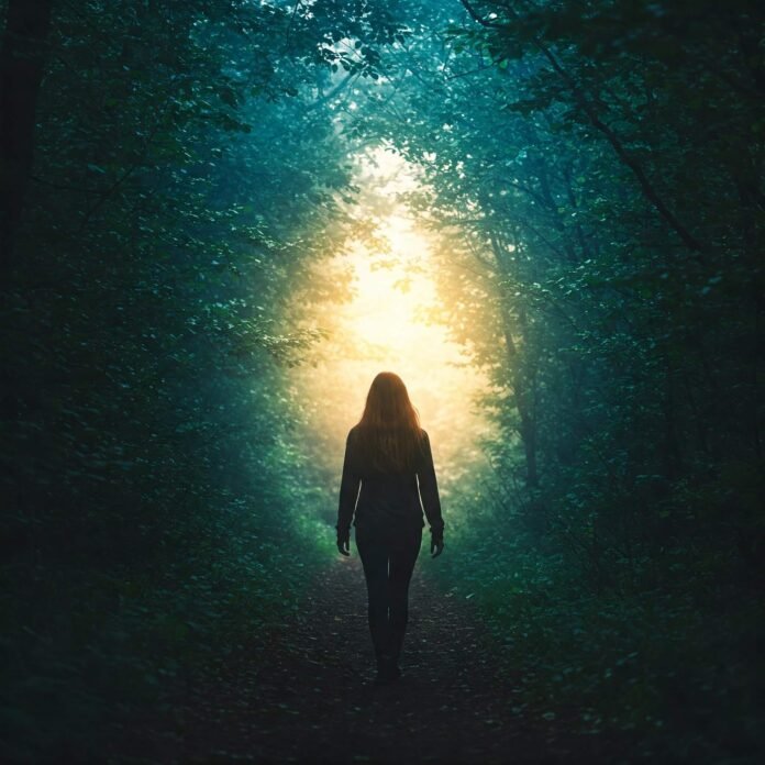 Hopeful person walking toward light, symbolizing mental health recovery. Hopeful person walking toward light, symbolizing mental health recovery.