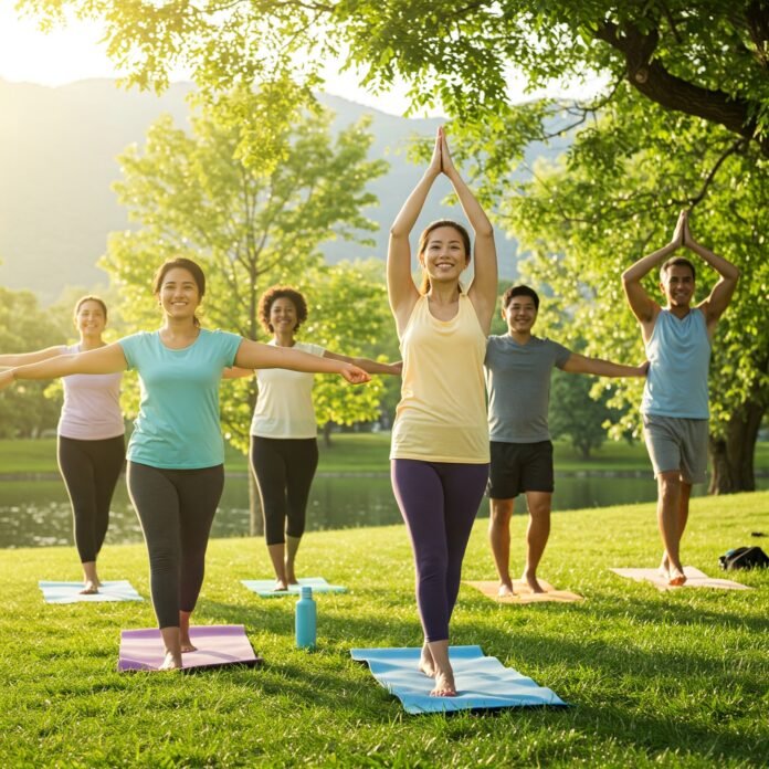 Diverse group enjoying outdoor wellness activity in nature Diverse group enjoying outdoor wellness activity in nature