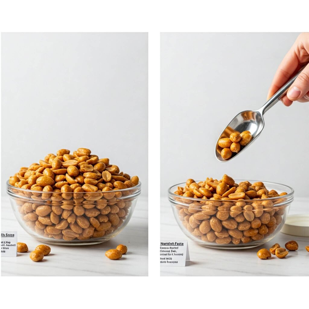 Portion control: Correct vs. excessive serving size, illustrating nutrition facts label.