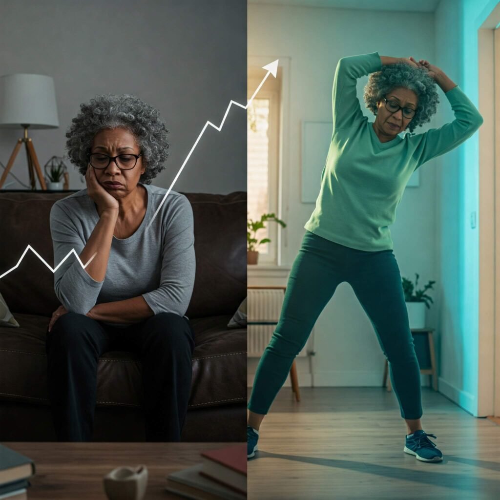 Motivational split image showing a person transitioning from lethargy to energy through exercise