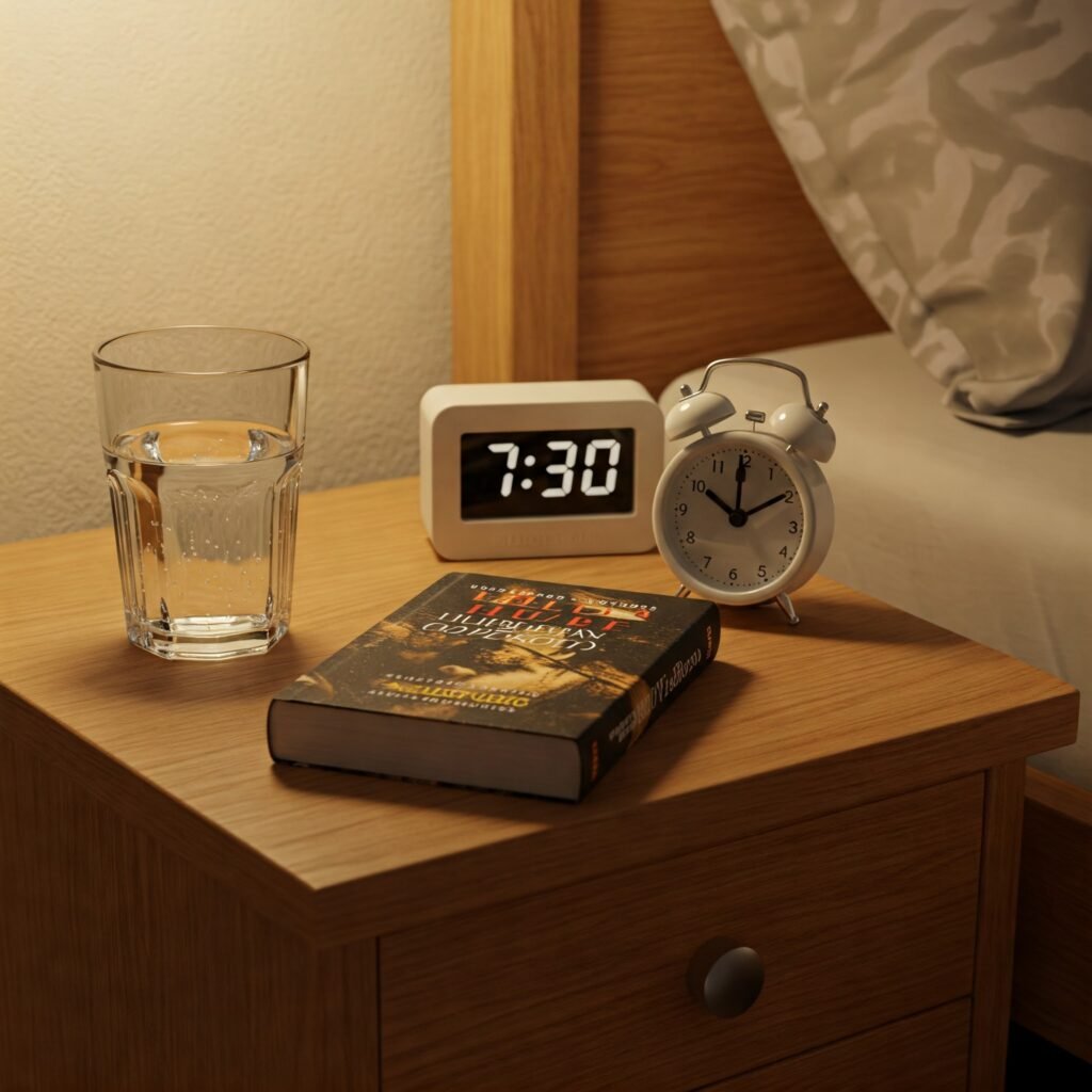 Bedside table with alarm clock, book, and water
