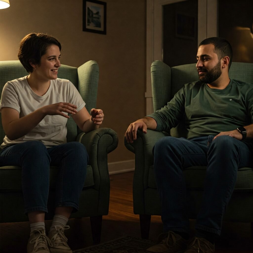 Two people connecting in therapy, warm colors