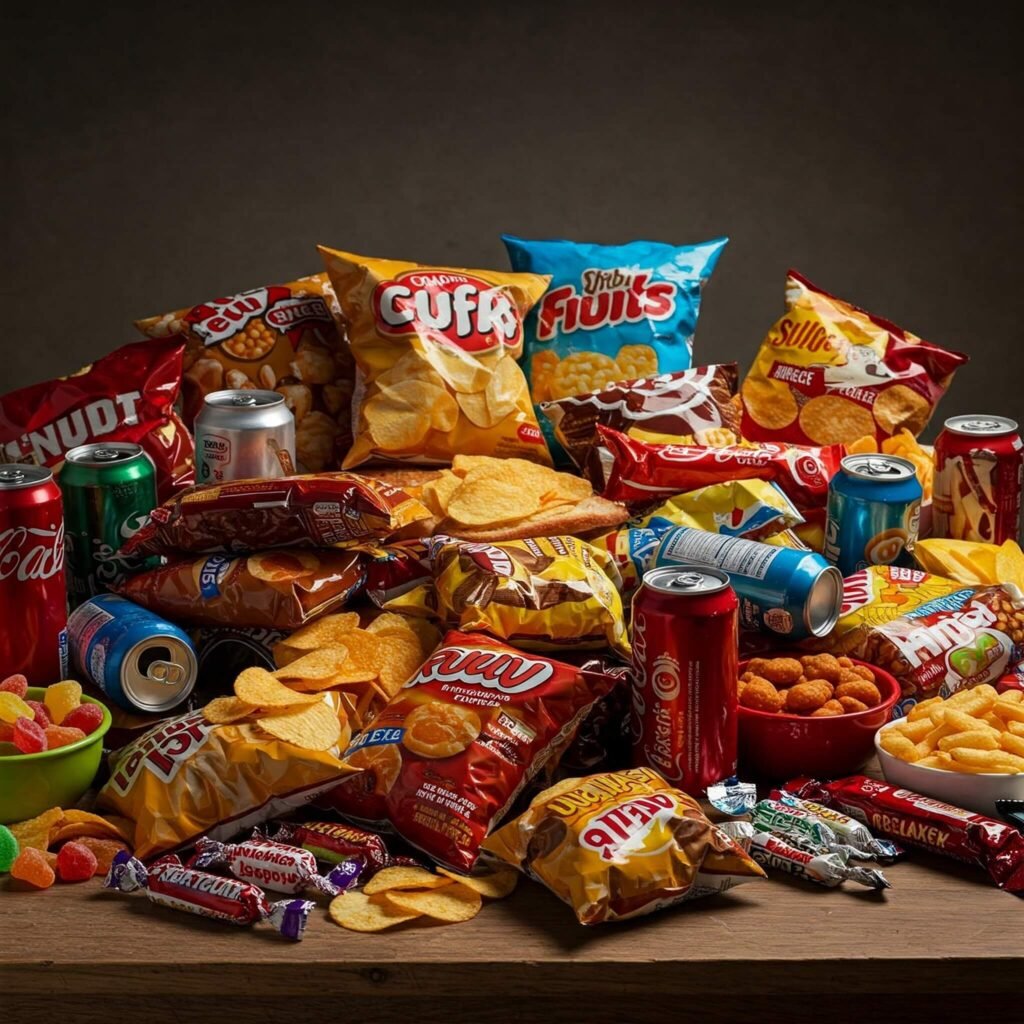 Table overloaded with unhealthy snacks showing weight loss challenges