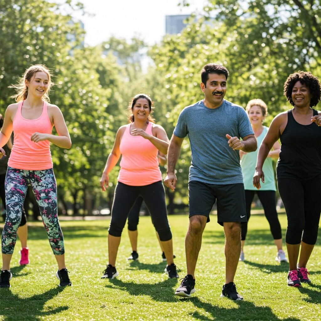 Diverse group enjoying a fitness class together