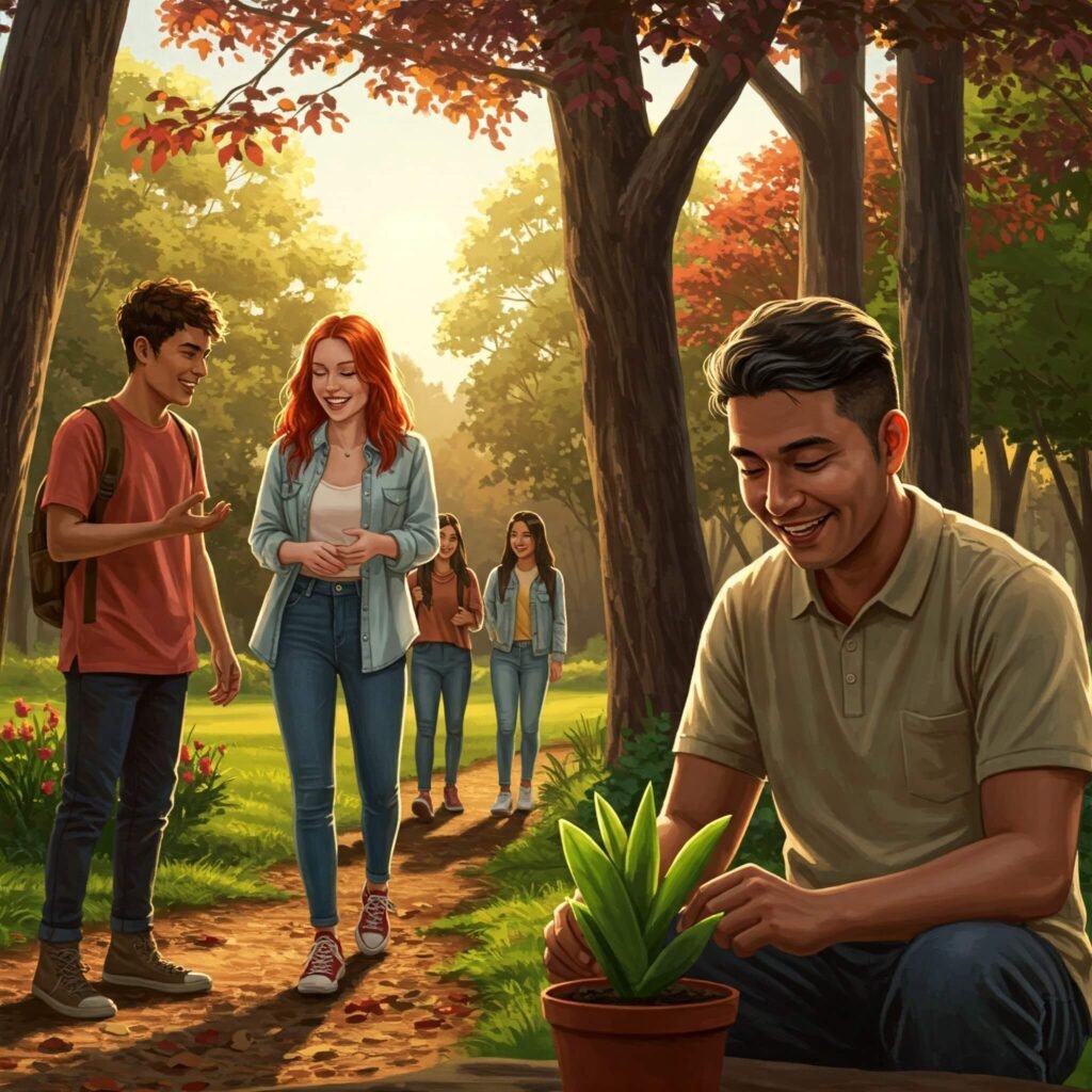 Friends talking and laughing in a park