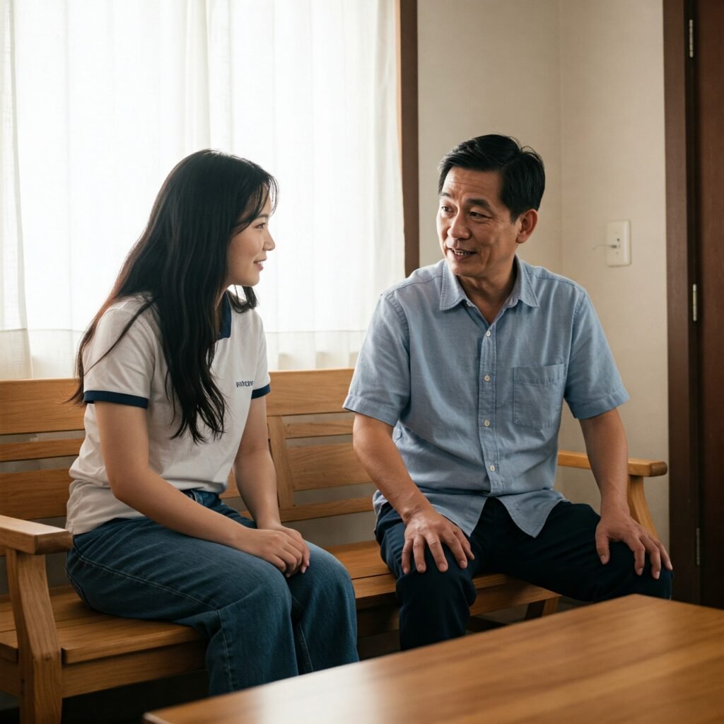 Two people conversing in a bright room