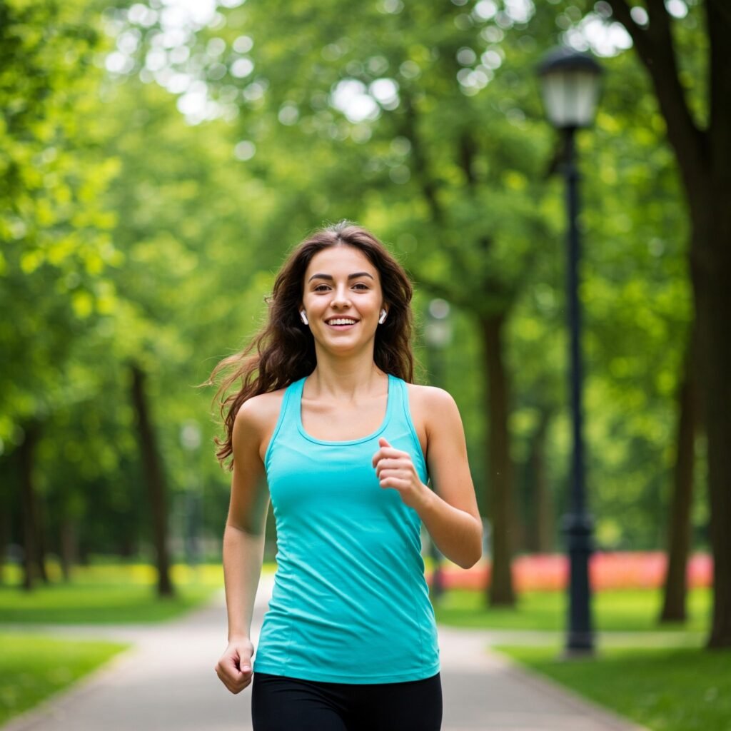 Person brisk walking in a park, smiling