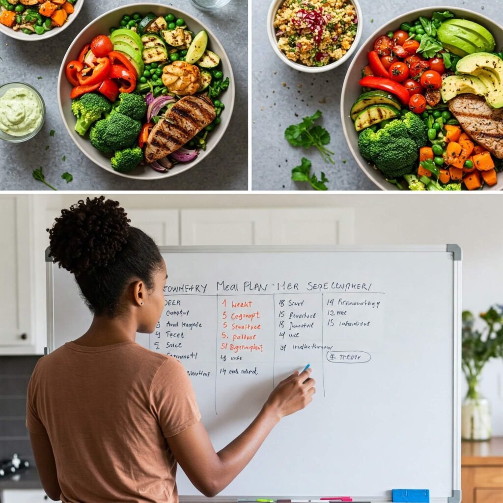 Hands placing prepared healthy meals into containers