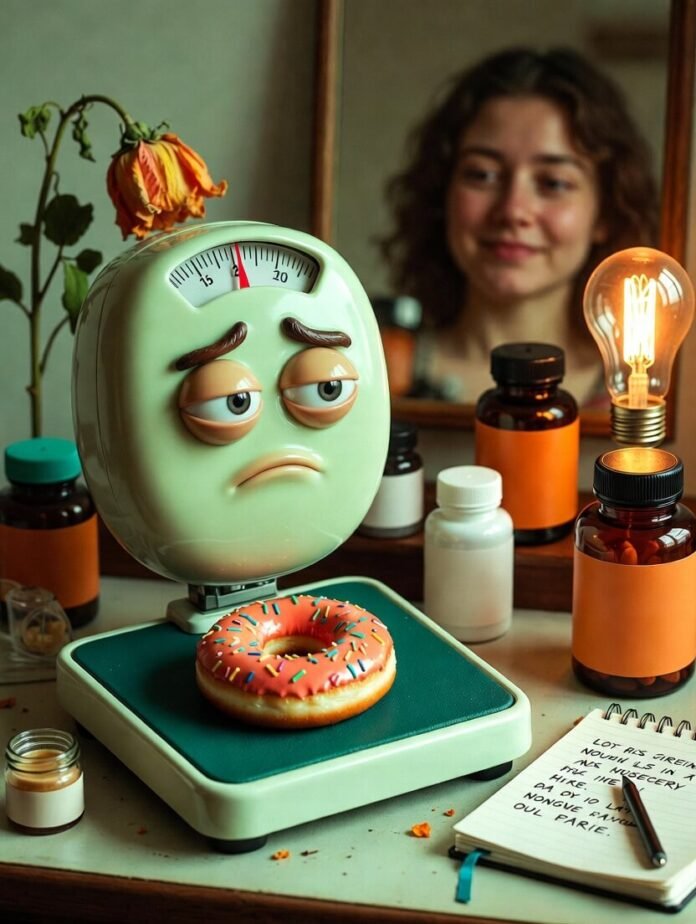 Tilted scale crushed by orange donut and supplements Tilted scale crushed by orange donut and supplements