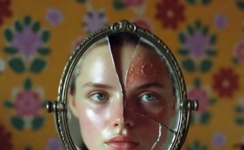 How to Build the Perfect Skin Care Routine for Your Skin Type Cracked mirror showing glowing vs. flaky skin with avocado mask