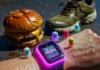 The Best Fitness Trackers of 2025: Stay Fit and Track Your Progress Sweaty wrist with glowing magenta fitness tracker, burger, muddy shoes, pixel ghosts judging.