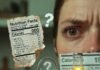 The Truth About Nutrition Facts: What You Need to Know Before Your Next Meal Confused eye examining torn greasy burger nutrition label