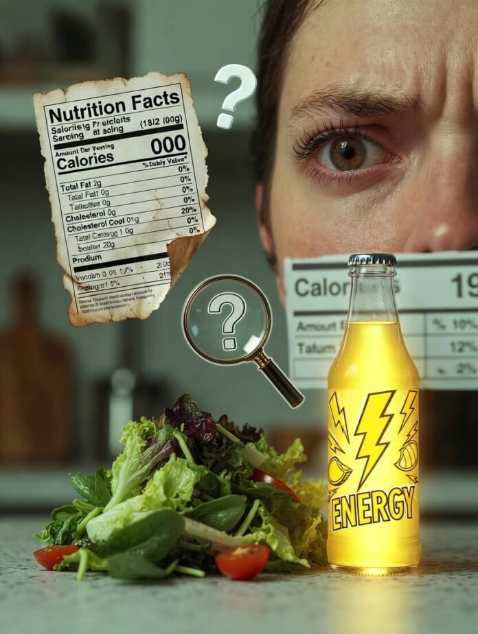 Confused eye examining torn greasy burger nutrition label