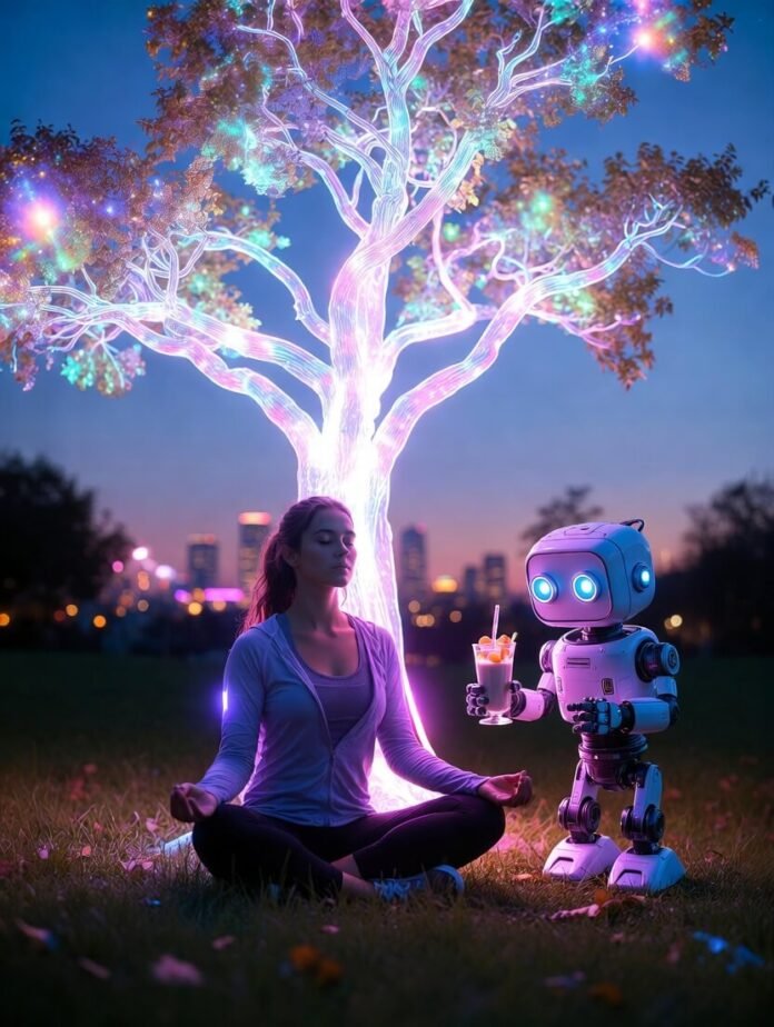 Person meditating on smoggy Faridabad balcony at dusk, spilled turmeric latte