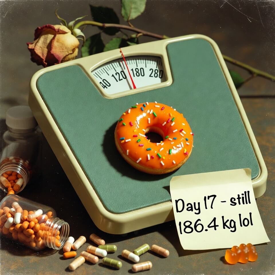 Tilted scale crushed by orange donut and supplements