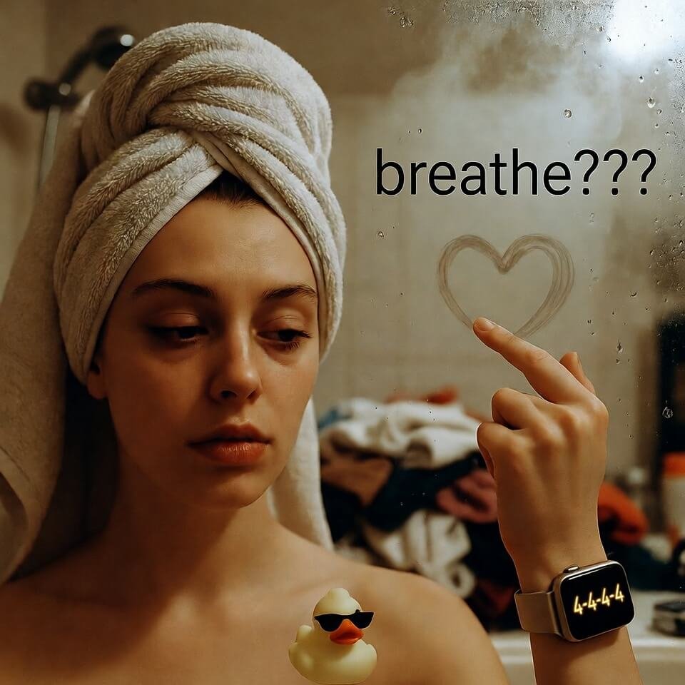 Person meditating on smoggy Faridabad balcony at dusk, spilled turmeric latte