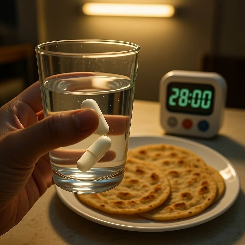 Hand holding water glass with sinking glucomannan capsules