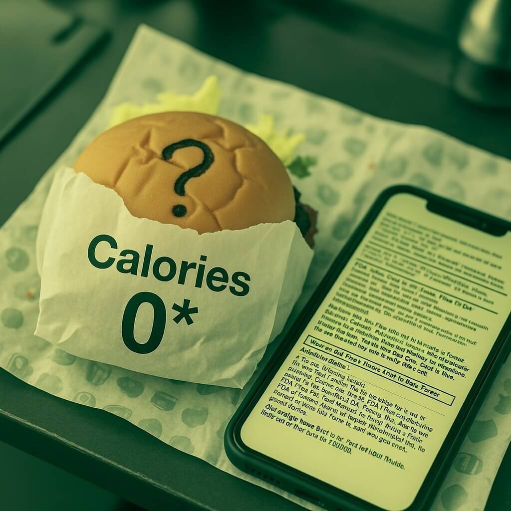 Half-eaten burger wrapper showing fake "Calories 0*" with question mark