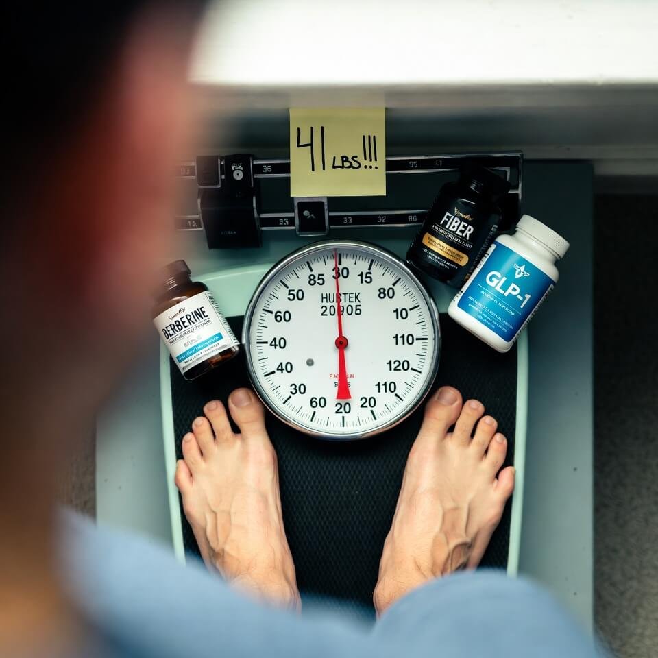 Bare feet on analog scale with "41 lbs!!!" sticky note