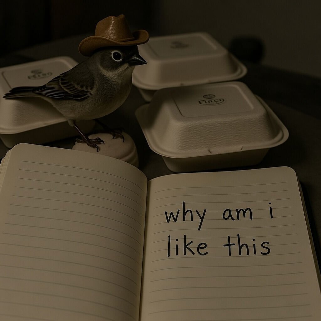 Finch bird in cowboy hat beside takeout containers and "why am i like this" journal