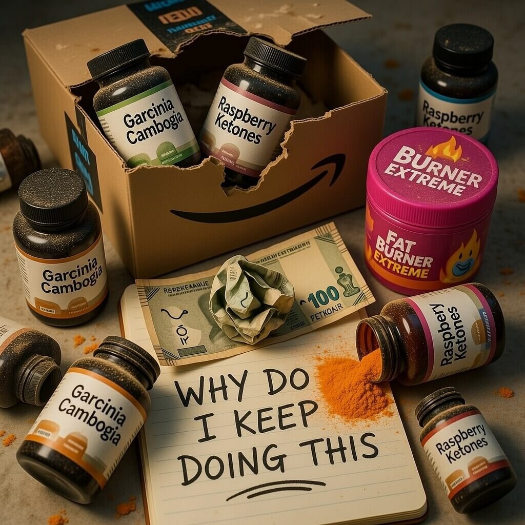 Ripped Amazon box with dusty fat burner bottles and spilled powder