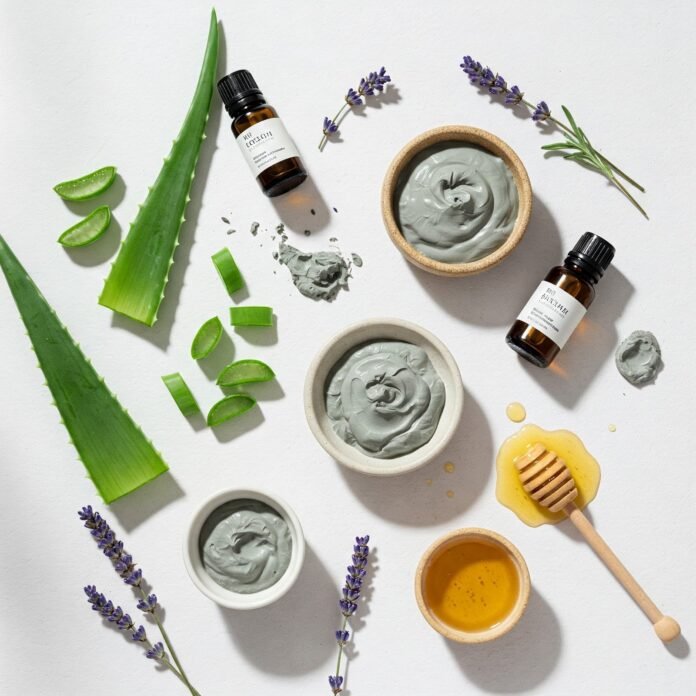 Natural skincare ingredients flat lay