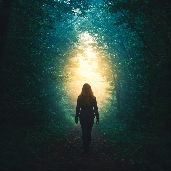 Hopeful person walking toward light, symbolizing mental health recovery.