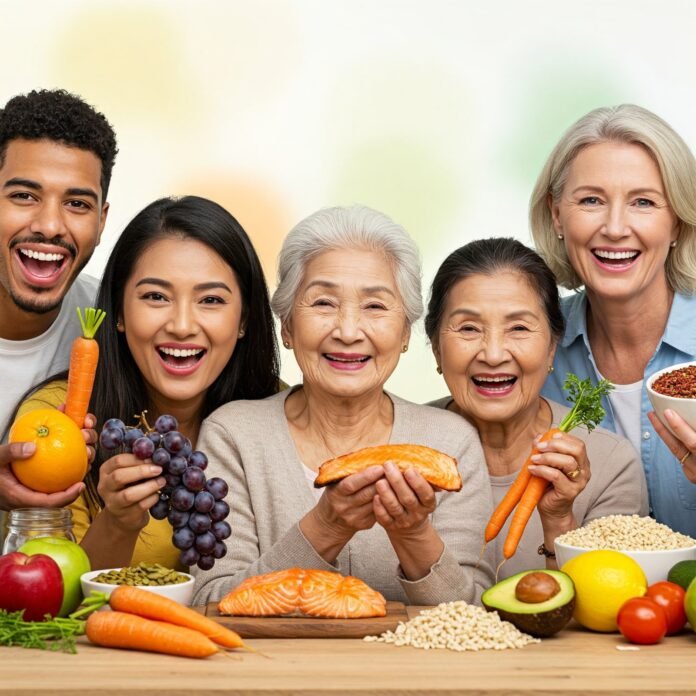 Diverse group with healthy food, smiling