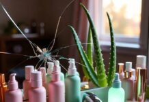 Best Skin Care Brands to Try for Clear, Radiant Skin Chaotic vanity with cracked mirror, glowing bottles, aloe, and gold stars.