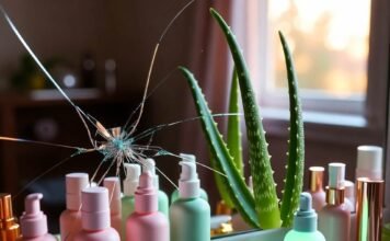 Best Skin Care Brands to Try for Clear, Radiant Skin Chaotic vanity with cracked mirror, glowing bottles, aloe, and gold stars.