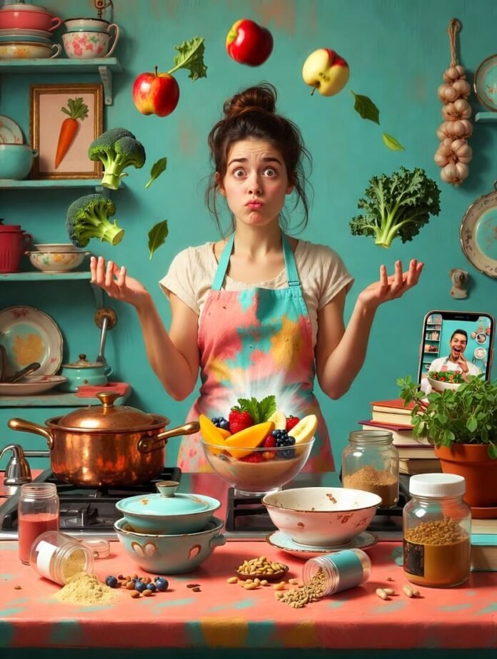 Frazzled woman in messy kitchen with glowing smoothie