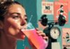 What Athletes Need to Know About Nutrition for Peak Performance Exhausted runner drinking leaking turquoise shaker, retro poster behind