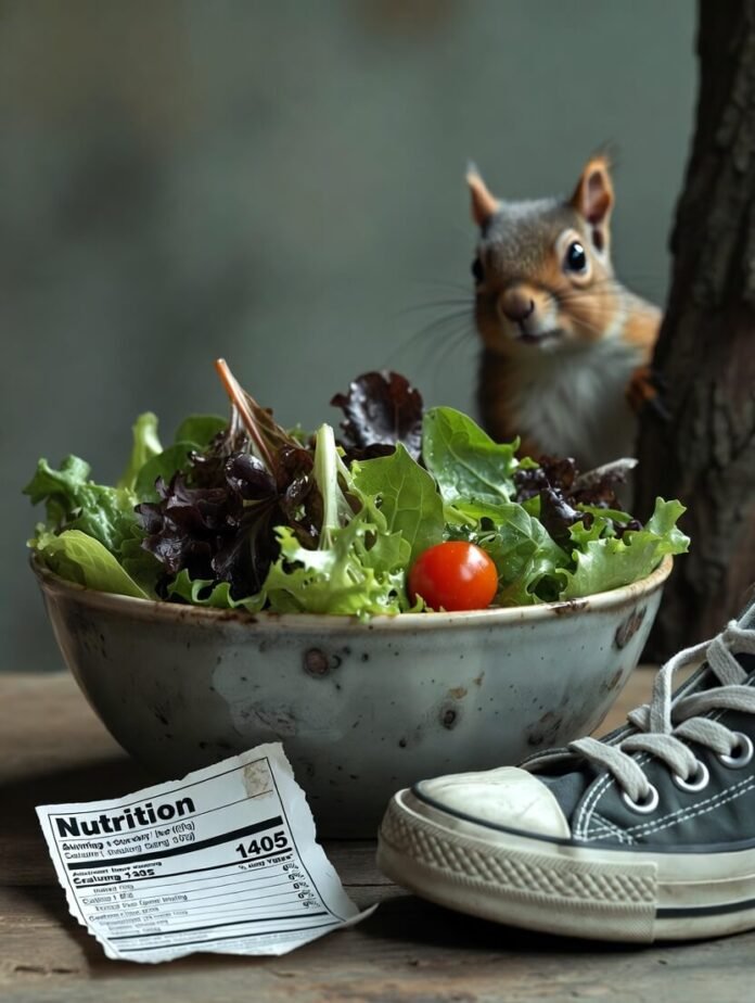 Wilted kale salad, lone tomato, squirrel stealing carrot
