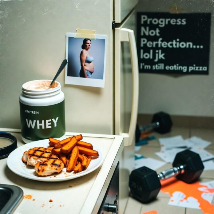 Messy kitchen with chicken, protein tub, and dumbbell