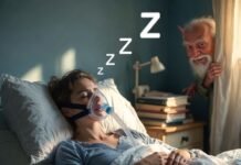 Understanding Sleep Apnea: Causes, Symptoms, and Treatment Options Tired man with crooked CPAP mask, gremlin thumbs-down