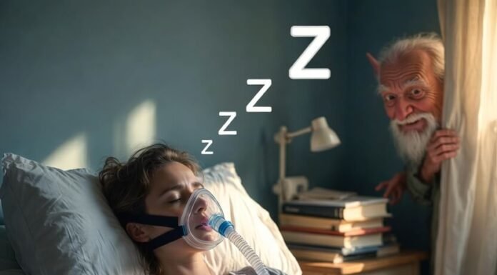 Understanding Sleep Apnea: Causes, Symptoms, and Treatment Options Tired man with crooked CPAP mask, gremlin thumbs-down