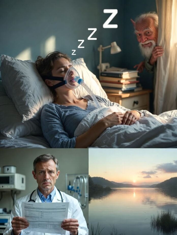 Tired man with crooked CPAP mask, gremlin thumbs-down