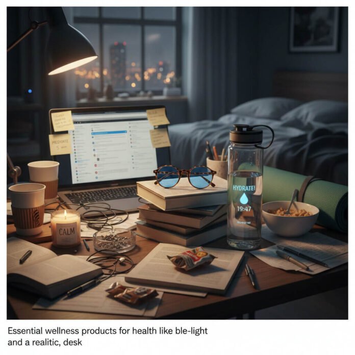 hyper-realistic but messy desk vignette symbolizing