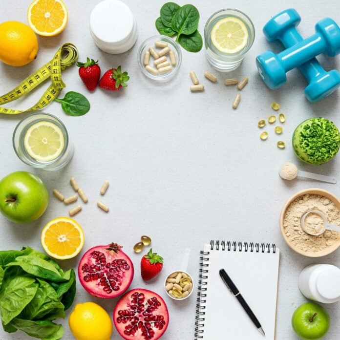 Flat lay of health supplements, fruits, and wellness items
