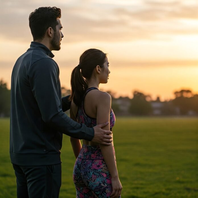 Coach and client facing a bright horizon