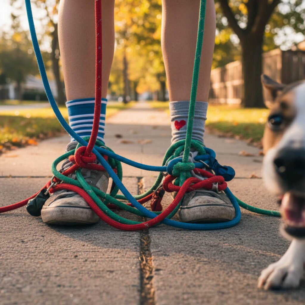 Low-angle view of mismatched socks and tangled dog leashes.