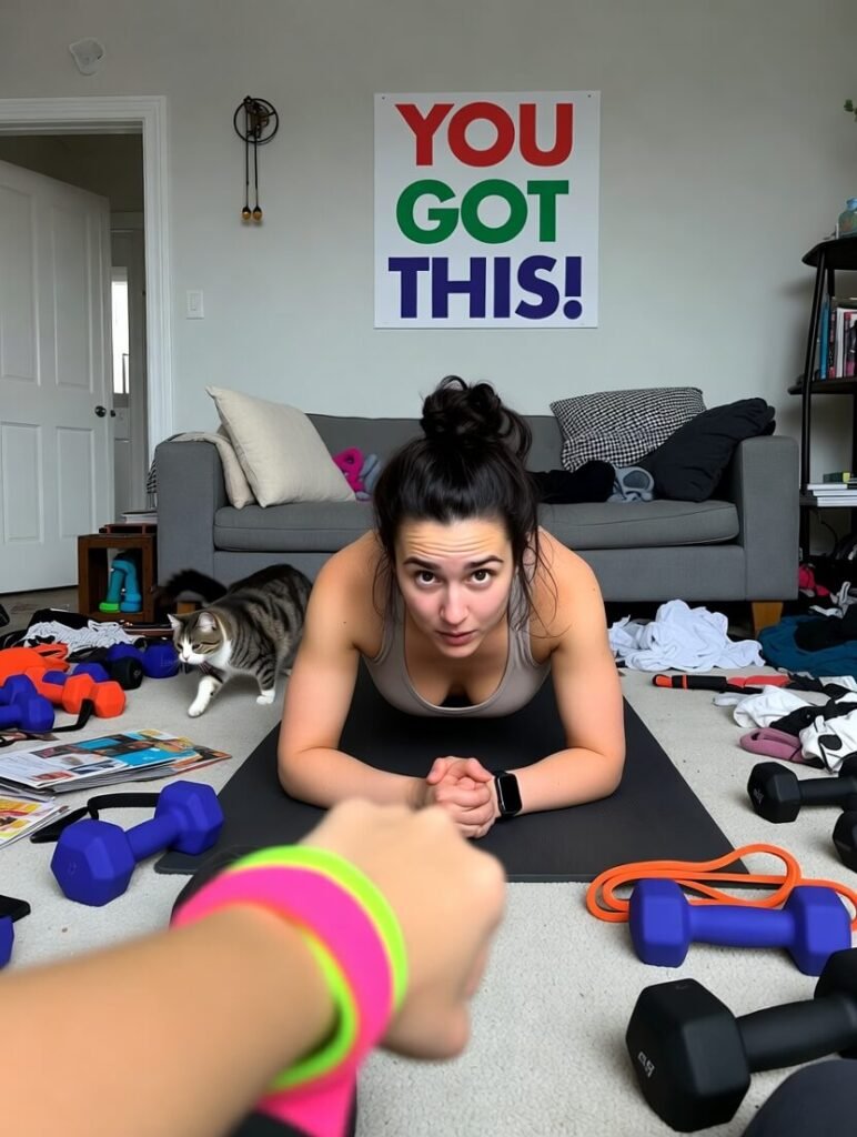 Sweaty selfie during failed plank in messy living room